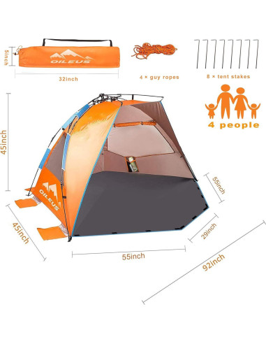 Carpa de Playa Oileus XL para 4 Personas - Instantánea Naranja