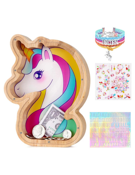 Alcancía de Madera Unicornio WERNNSAI DIY con Stickers