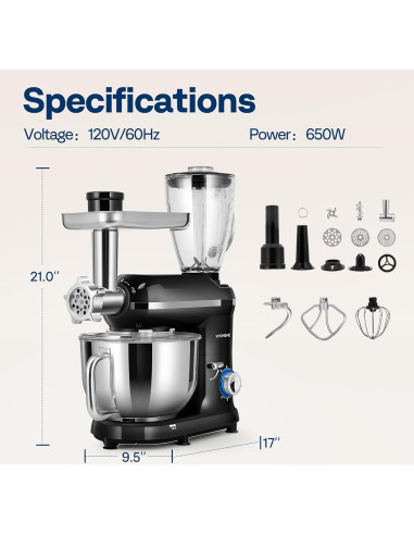 Mezclador de Pie VIVOHOME 6QT 650W 6 Velocidades Negro