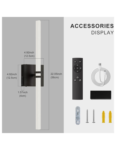 Aplique de Pared Inalámbrico Eicrkodn 55.88 cm Negro con Control Remoto