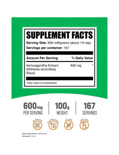 Extracto de Raíz de Ashwagandha BulkSupplements 600mg 100g 2