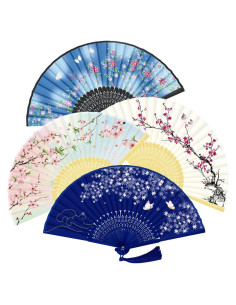 Abanico Plegable Chino WEARXI 4 PCS Seda y Bambú 21 cm