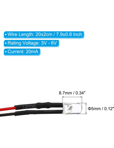 Diodos LED Rojo PATIKIL 5mm 12 Pcs 3V-6V Pre Cableados