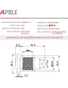 Interruptor Pulsador Cabeza de Hongo APIELE 22mm Rojo IP65 250V 5A 2