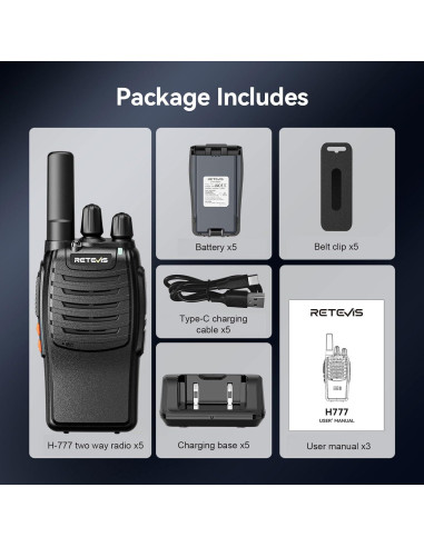 Walkie Talkies Retevis H-777 Portátiles 5 Pack FRS 1000mAh