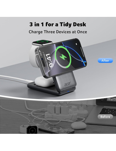 Cargador Inalámbrico Magnético Acer 3 en 1 15W para iPhone y Apple Watch