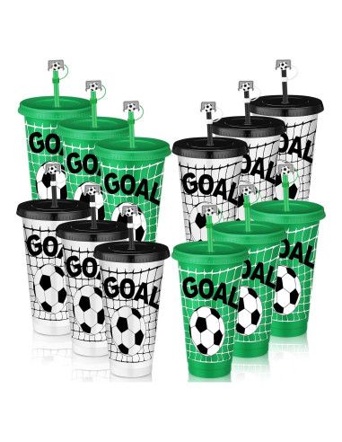 Vasos de Plástico para Fútbol Domensi 12 Pcs 24oz con Tapa y Popote