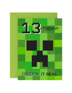 Tarjeta de Cumpleaños 13 Central 23 - Minecraft Creeper Verde