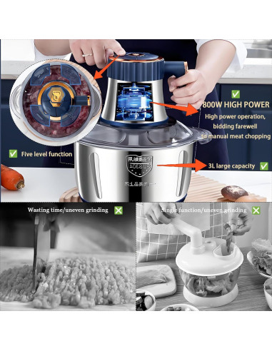 Picadora de Alimentos Eléctrica Yehenarn 3L 800W Acero Inoxidable