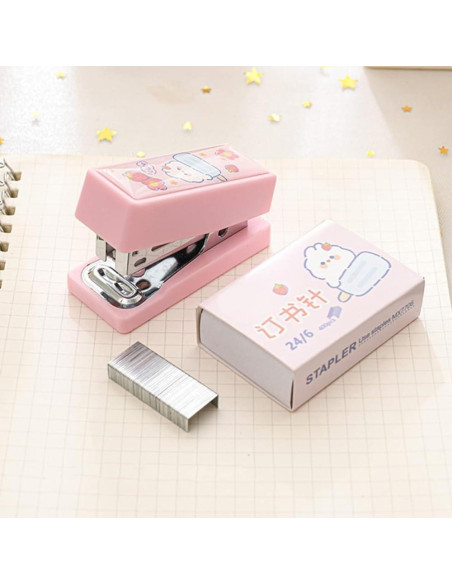 Set Grapadora Mini Zenarao Rosa con Grapas No.12 y Quitagrapas
