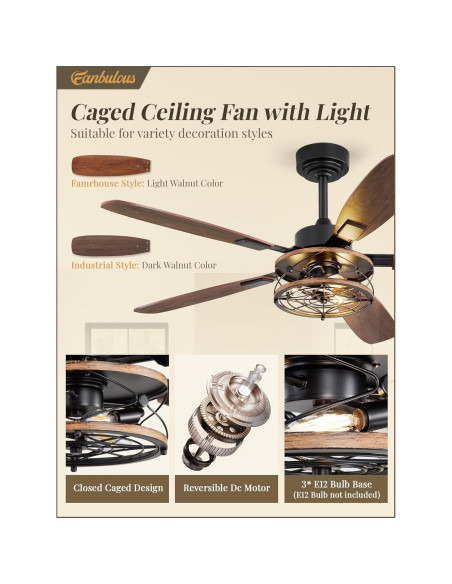 Ventilador de Techo Fanbulous 52" Negro con Luz y Control Remoto