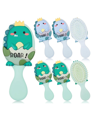 6 Mini Cepillos de Cabello Dinosaurio Verde y Azul para Niños