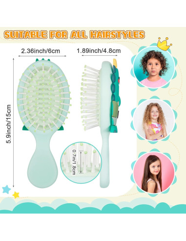 6 Mini Cepillos de Cabello Dinosaurio Verde y Azul para Niños