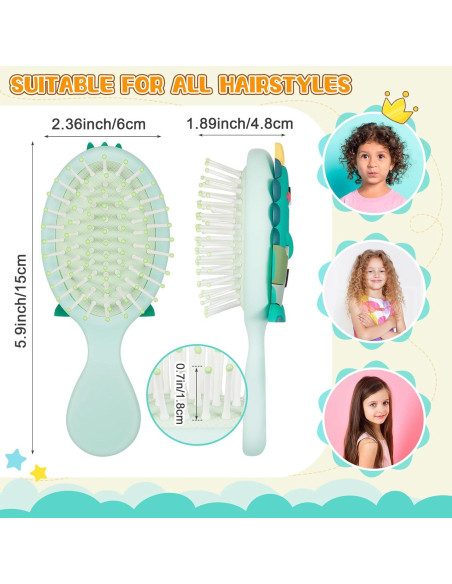 6 Mini Cepillos de Cabello Dinosaurio Verde y Azul para Niños