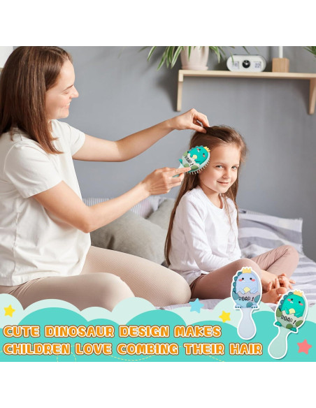 6 Mini Cepillos de Cabello Dinosaurio Verde y Azul para Niños