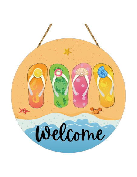 Cartel de Bienvenida Redondo de Verano Chanclas Playa 30cm