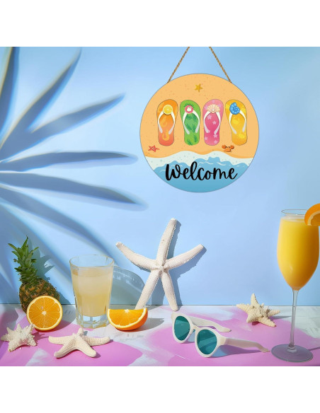 Cartel de Bienvenida Redondo de Verano Chanclas Playa 30cm