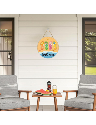 Cartel de Bienvenida Redondo de Verano Chanclas Playa 30cm