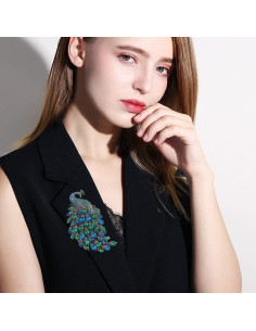 Broche de Pavo Real de Strass Azul Verde para Mujeres 5.08x10.16cm 2