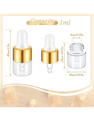 100 Mini Botellas de Vidrio con Cuentagotas Didaey 1 ml Oro