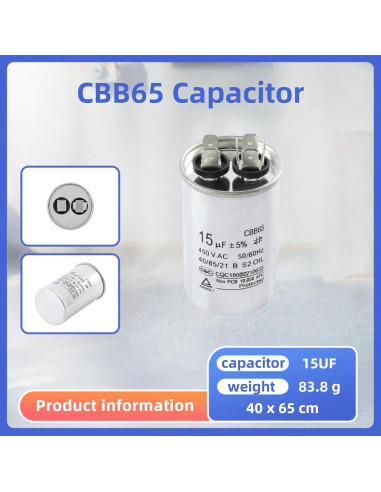 Capacitor CBB65 15uF +/-5% 450V para Aire Acondicionado