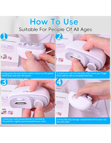 Cortador de Uñas Eléctrico 2 en 1 CCDobbs, USB, LED, Blanco