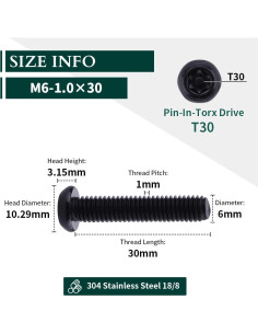 Tornillos de Seguridad Torx M6-1.0 x 30mm Acero Inoxidable 304 2