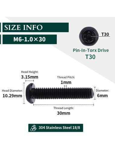 Tornillos de Seguridad Torx M6-1.0 x 30mm Acero Inoxidable 304