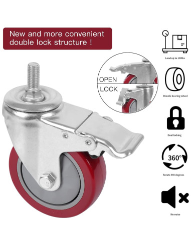 Ruedas de Caster DICASAL 75mm con Freno Doble Bloqueo - 4 Piezas