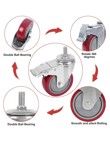 Ruedas de Caster DICASAL 75mm con Freno Doble Bloqueo - 4 Piezas