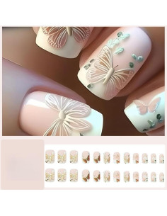 Uñas Postizas KQueenest 3D Cortas Cuadradas Rosadas 24 Pcs 2