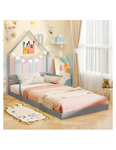 Cama de Piso Twin KOMFOTT en Forma de Casa con Barandillas