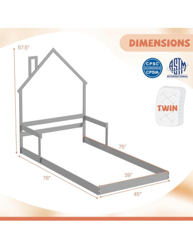 Cama de Piso Twin KOMFOTT en Forma de Casa con Barandillas
