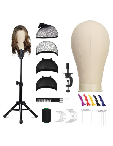 Cabeza de Peluca de Lienzo 22" Blanca con Soporte Tripode