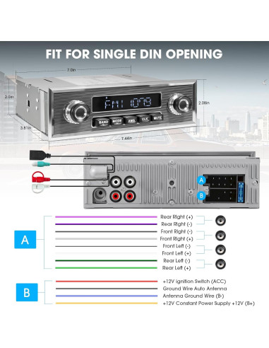 Radio Retro Bluetooth SOUNDKITS Un Din para Auto - Estéreo Vintage