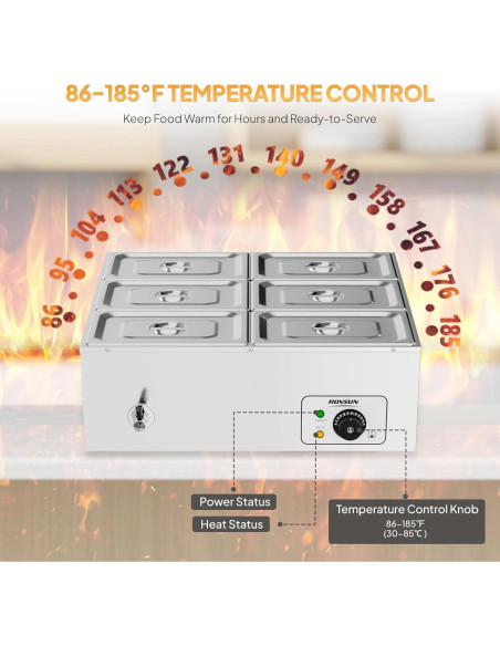 Calentador de Comida Eléctrico ROVSUN 42.3QT 1200W 6 Bandejas