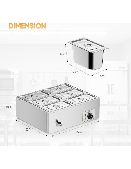 Calentador de Comida Eléctrico ROVSUN 42.3QT 1200W 6 Bandejas