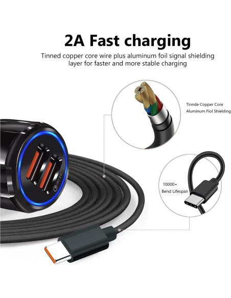 Cargador Rápido de Coche USB Tipo C WZHENB 10W 1.5m