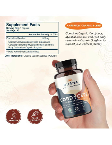 Suplemento de Hongos Orgánicos Ohana Cordyceps 90 Cápsulas