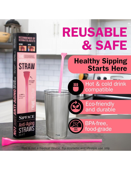 Popote Antienvejecimiento Sipface 30 cm Rosa Translúcido - 2 Pzs