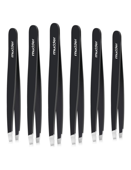 Juego de 6 Pinzas de Cejas Mudder Acero Inoxidable Negro