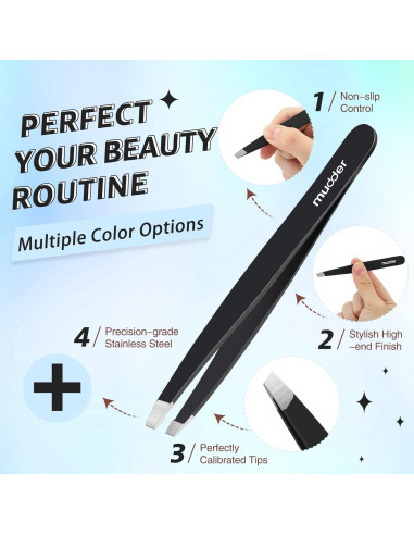 Juego de 6 Pinzas de Cejas Mudder Acero Inoxidable Negro