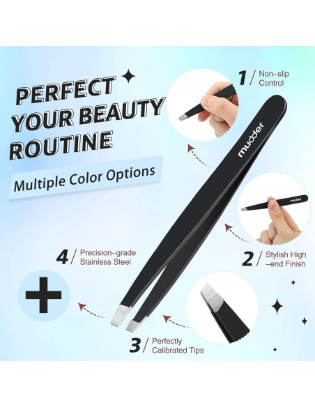 Juego de 6 Pinzas de Cejas Mudder Acero Inoxidable Negro