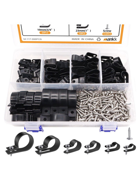 Kit de Clips de Cable Mankk 306 Pcs Nylon Tipo R 6 Tamaños