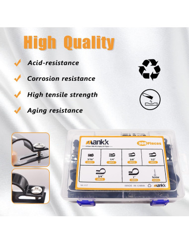 Kit de Clips de Cable Mankk 306 Pcs Nylon Tipo R 6 Tamaños