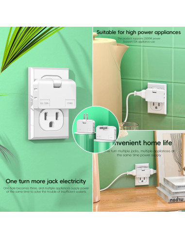 Adaptador de Enchufe Plano ZOHOJOV 2 Clavijas 3 Vías Blanco