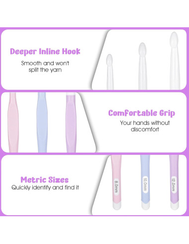 Set de 3 Ganchos de Crochet Ergonómicos QFGasre 17.5-20 cm