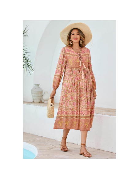 Vestido Midi Bohemio R.Vivimos con Estampado Floral y Flecos
