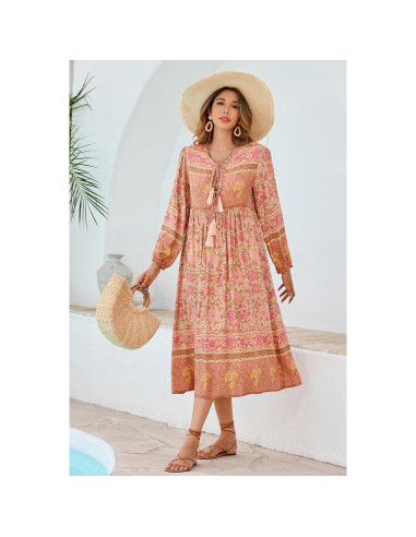 Vestido Midi Bohemio R.Vivimos con Estampado Floral y Flecos