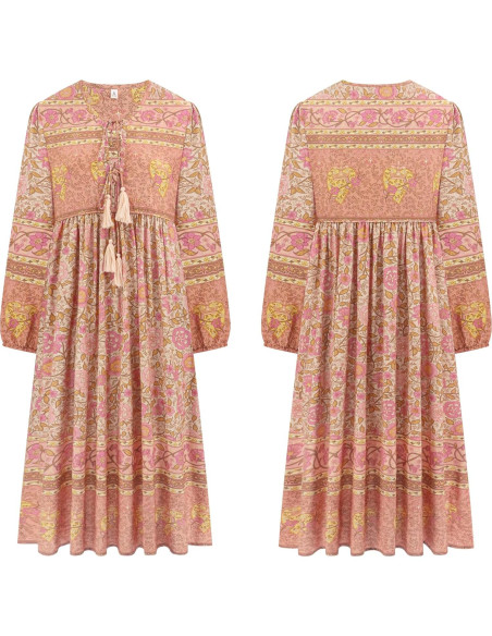 Vestido Midi Bohemio R.Vivimos con Estampado Floral y Flecos